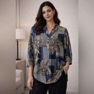 Jones New York Blue and Cream Patterned Top